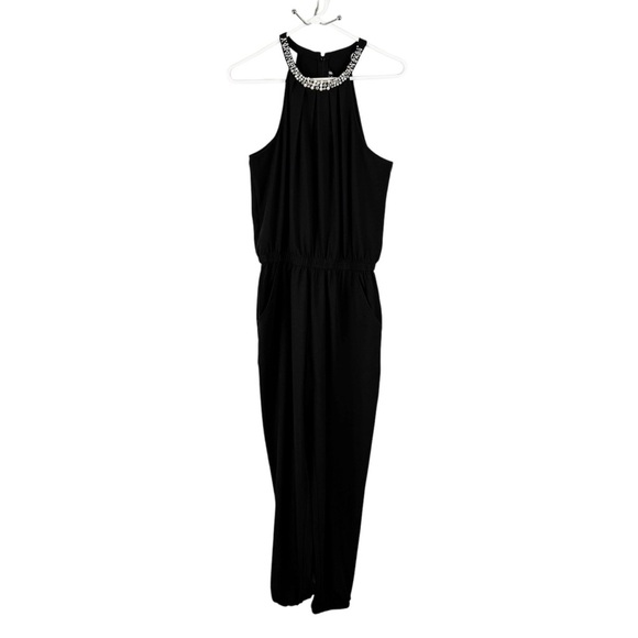 XOXO Black Pearl and Bead Embellished Juniors Elastic Halter Neck Jumpsuit - Picture 4 of 12